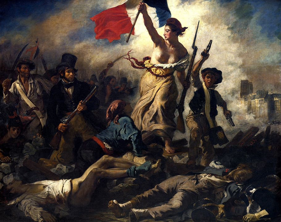 painting of woman holding flag surrounded by soldiers, france