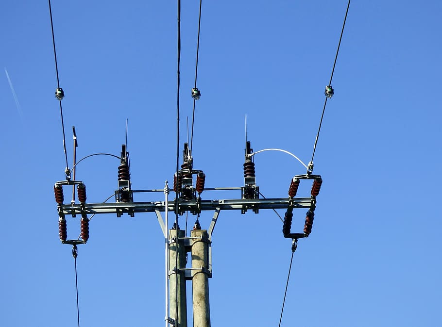 pylon, electricity, high voltage, powerlines, blue sky, wires HD wallpaper