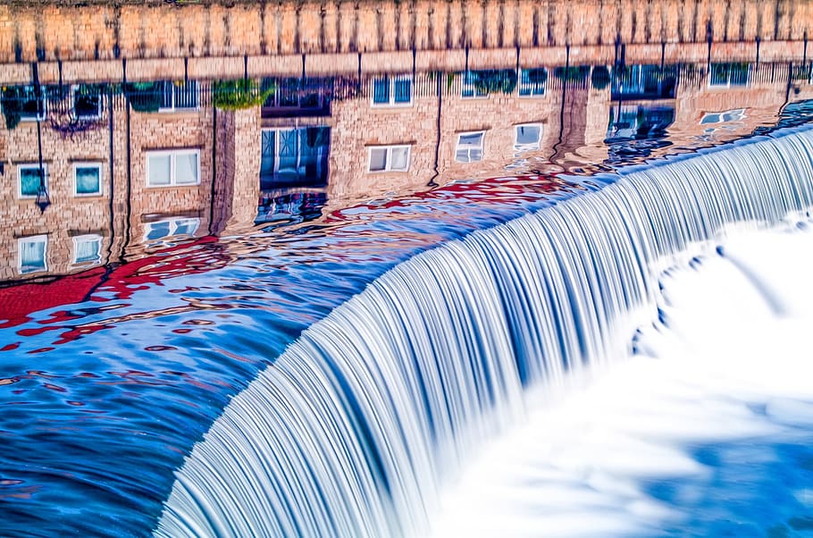 water falls, reflection, element, wet, flow, direction, building HD wallpaper