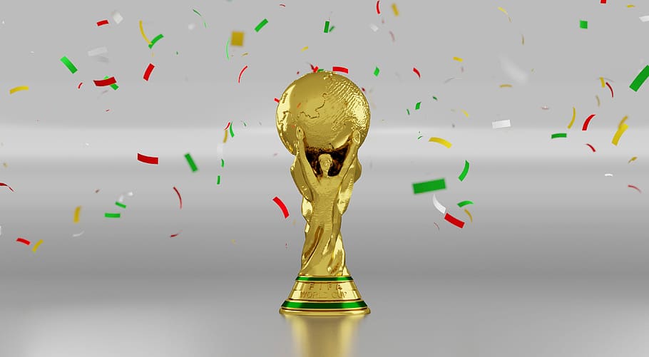 gold trophy with confetti, soccer, sport, cup, football, competition
