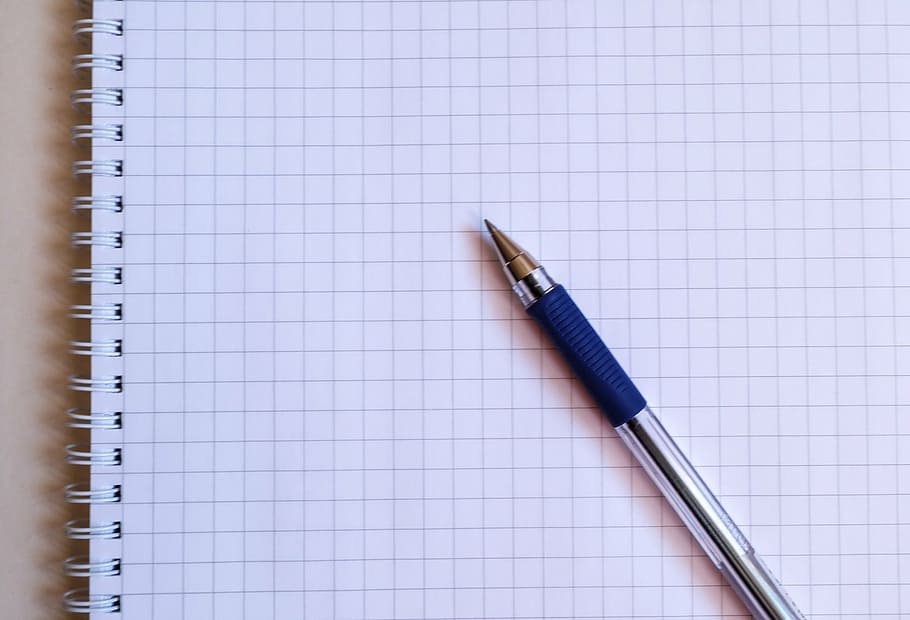blue ball-point pen and white spiral book, paper, notebook HD wallpaper