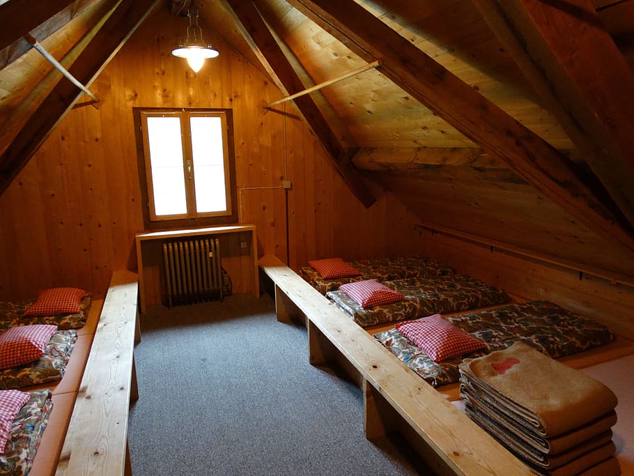 brown wooden house, mattress camp, mountain hut, mass storage