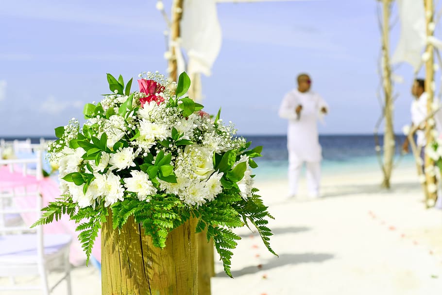 sea, landscape, sky, beach, beach wedding, bouquet, chairs, clouds, HD wallpaper