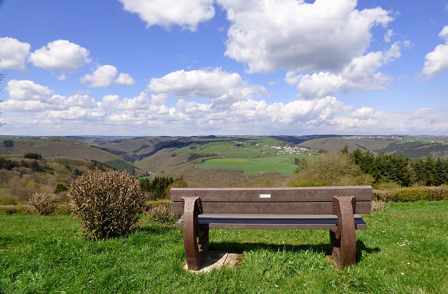 Landscape, Nature, Clouds, View, Bench, luxembourg, bourscheid HD wallpaper