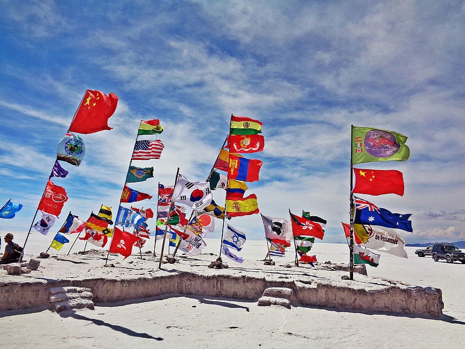 assorted country flags, the salar de uyuni, salt desert, bolivia