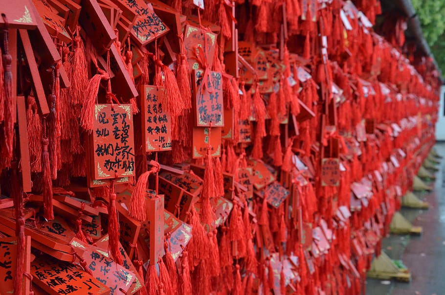 red hanging paper decor lot, Buddhism, Holy, Prayers, Temple HD wallpaper