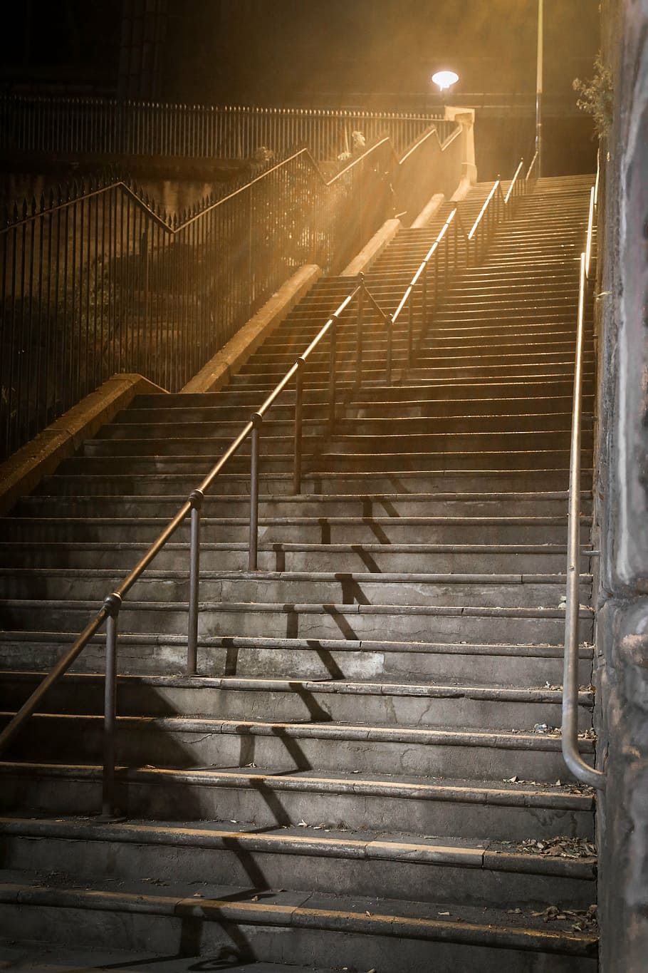 concrete staircase near turned on post lamp, stairs, dark, night HD wallpaper
