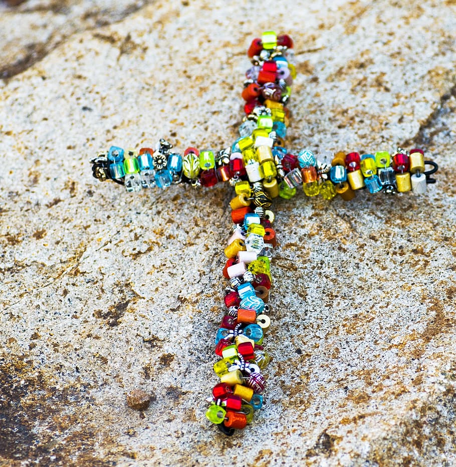 cross, beaded, beads, rock, colorful, rainbow, object, decoration HD wallpaper