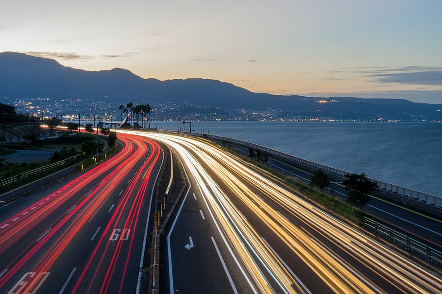 another major route, national highway, beppu, sunset, sea, car lights, HD wallpaper