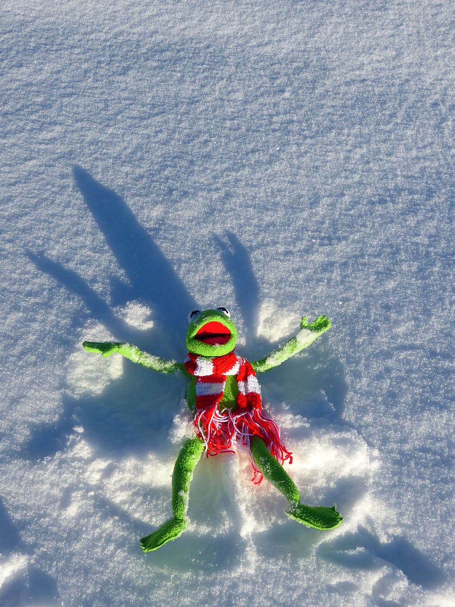 Kermit the frog plush toy on snow, Fun, Snow Angel, winter HD wallpaper