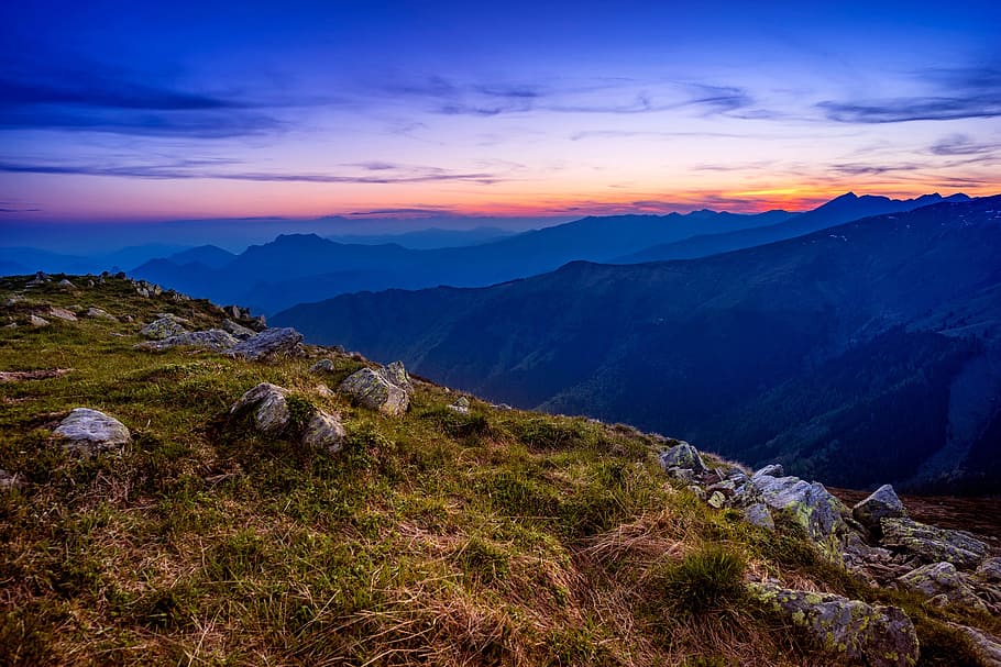green, grass, rock, summit, peak, ridge, blue, sky, cloud, nature HD wallpaper