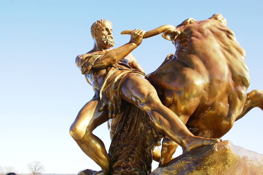 Statue, Monument, Sculpture, Man, Bull, golden, art, artistic HD wallpaper