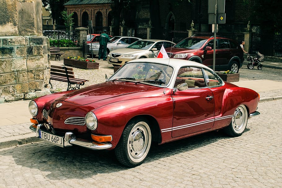 red coupe on grey road, car, old, retro, vintage, automobile HD wallpaper
