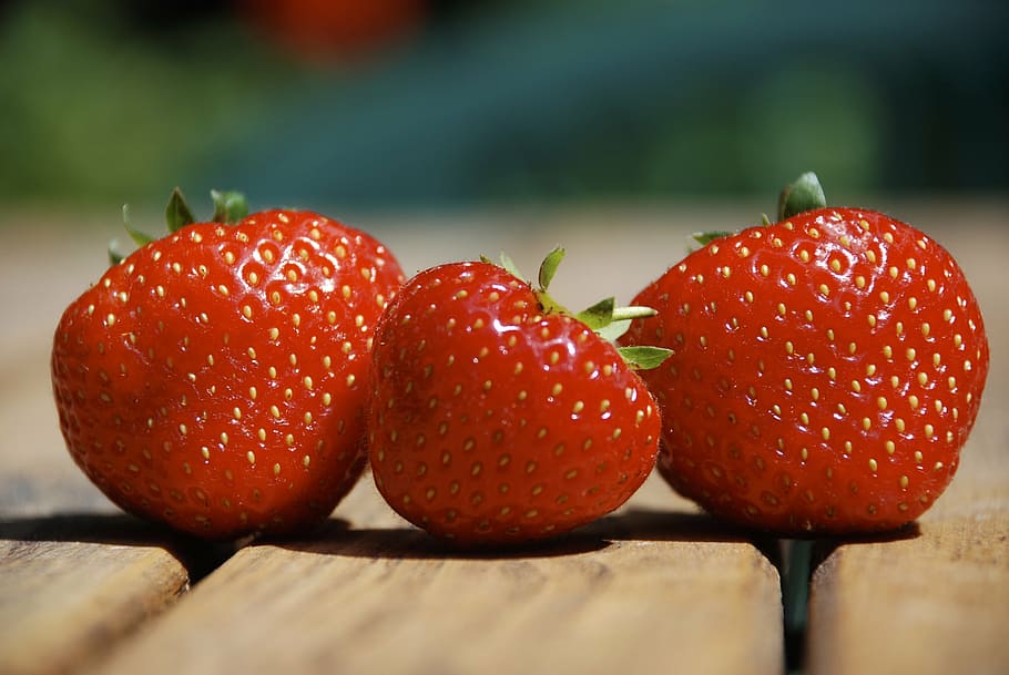 strawberry, summer, three, red, wooden, fresh, healthy, nature HD wallpaper