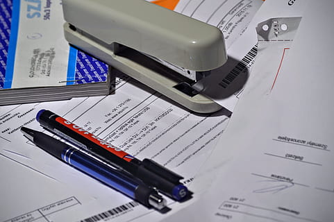 gray stapler, pen, paperwork, invoice, invoice book, office HD wallpaper