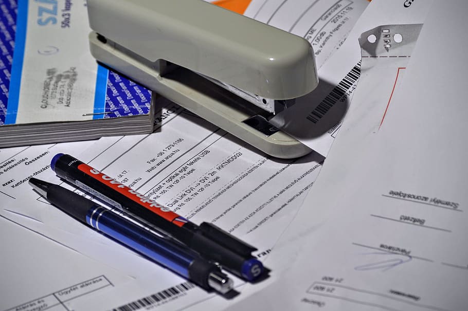 gray stapler, pen, paperwork, invoice, invoice book, office HD wallpaper