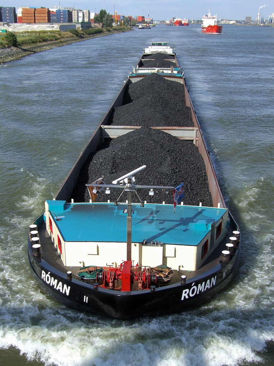 Barge, Ship, Boat, Coal, Energy, Canal, water, waterway, nature, HD wallpaper