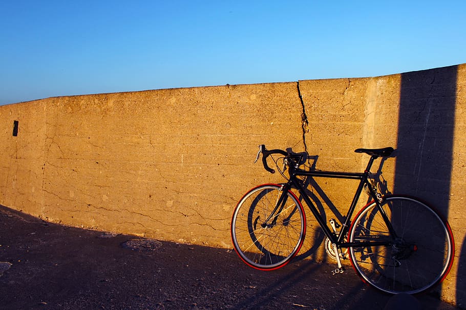 blue, sky, sunny, day, roof, wall, bike, bicycle, transportation HD wallpaper