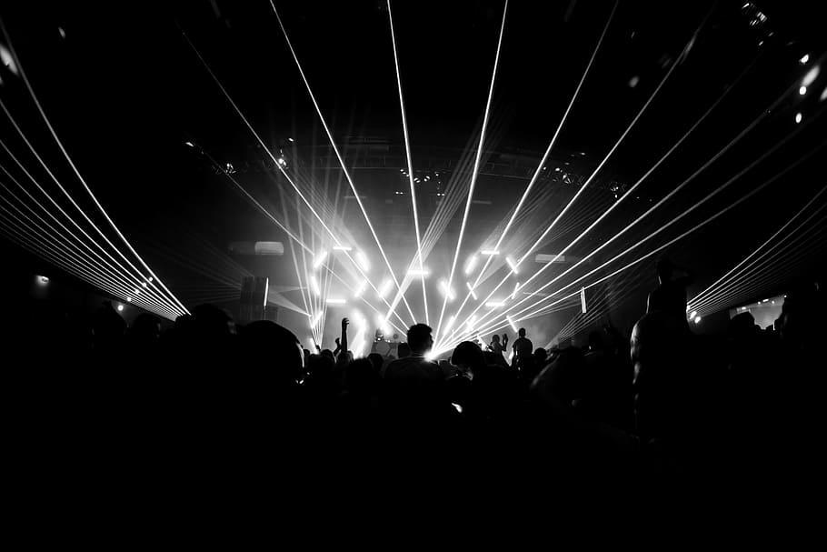 grayscale photography of concert with lights, night, festival