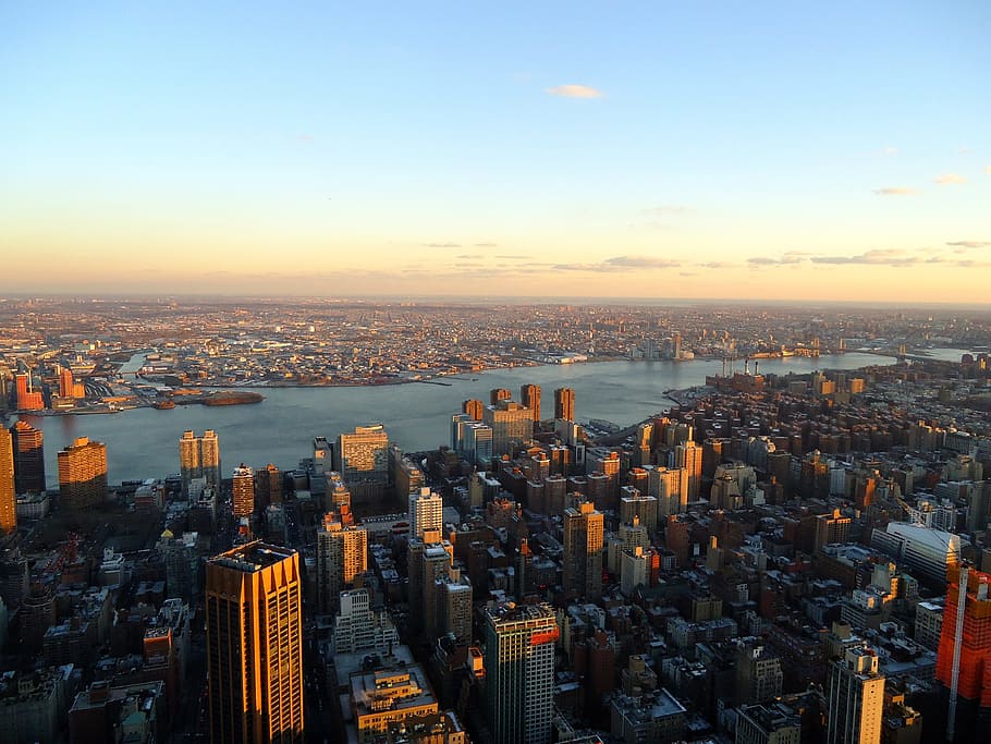 aerial photography of city buildings, sunset, new york, cbd HD wallpaper
