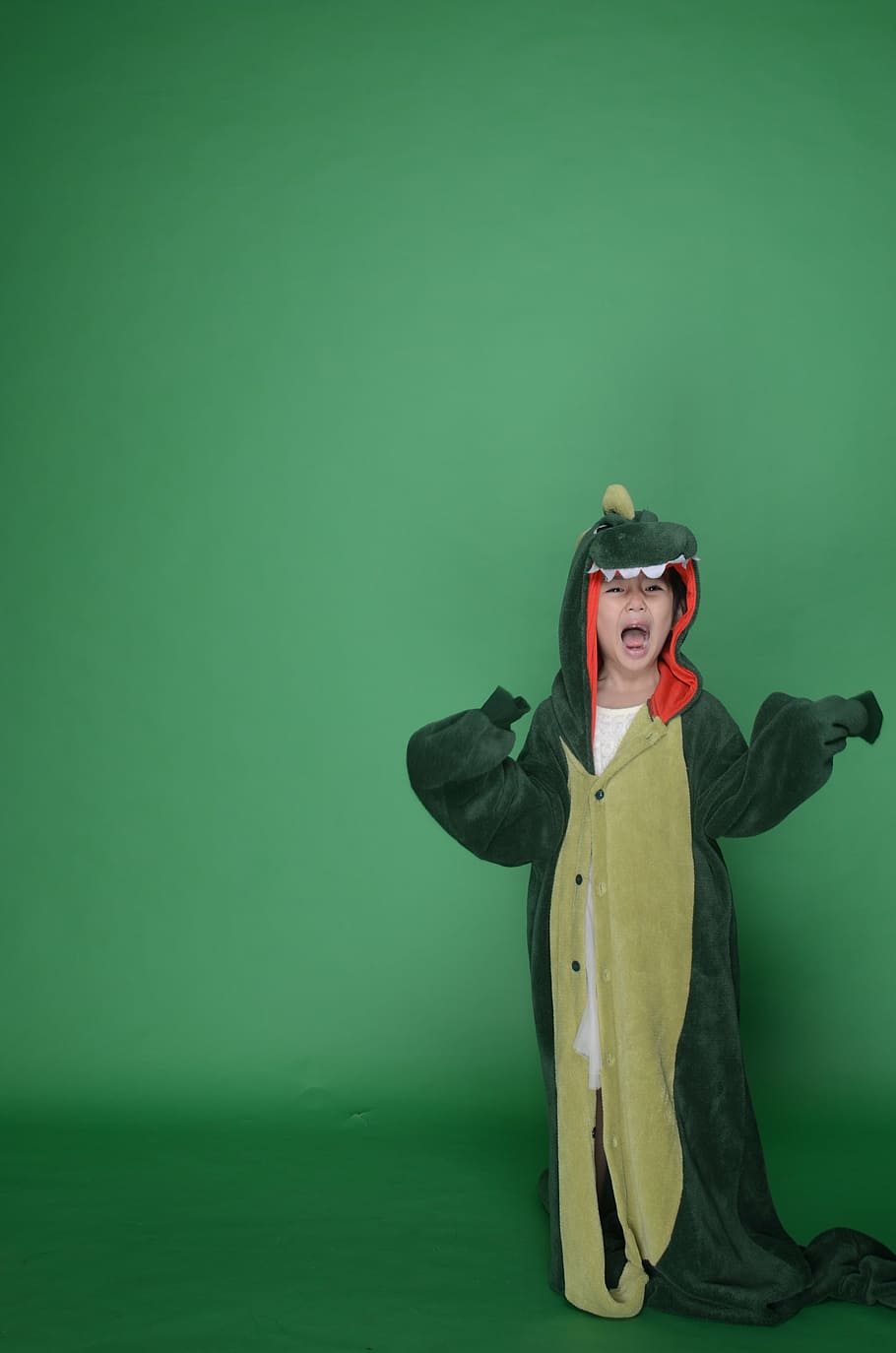 child wearing dinosaur costume, green, cute, military cap, army backpack
