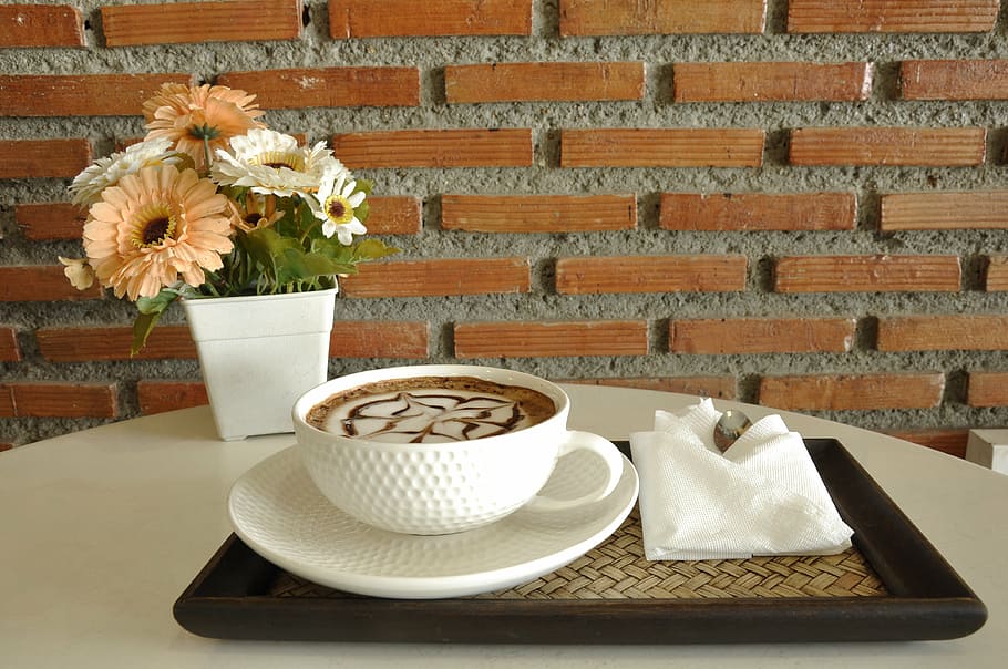 coffee, flower, wall, background, cup, flowering plant, table HD wallpaper