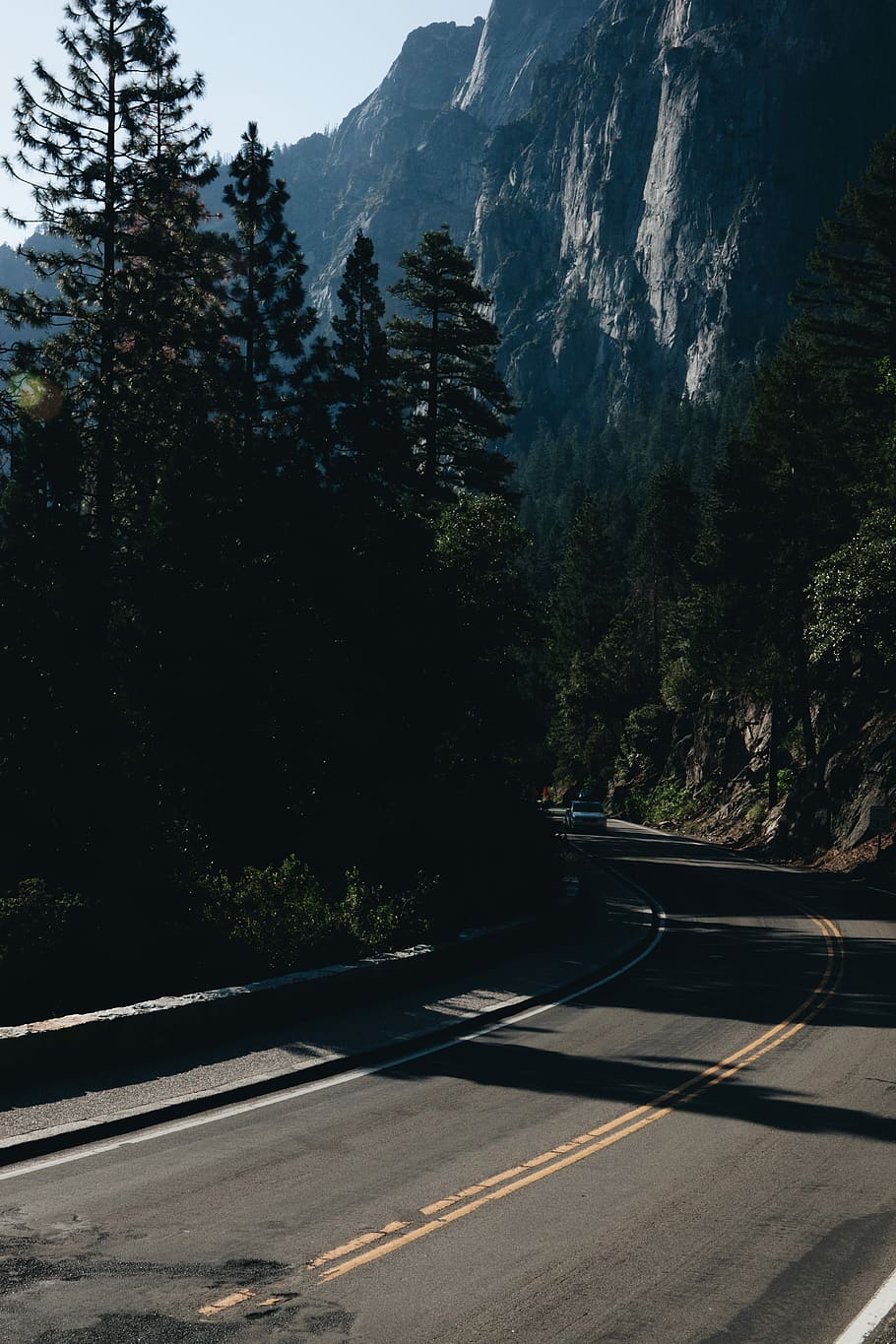 mountain pass with trees, bus running on winding road, forest HD wallpaper