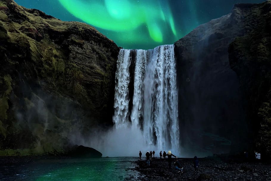 people in the bottom of waterfalls, photography of water falls HD wallpaper
