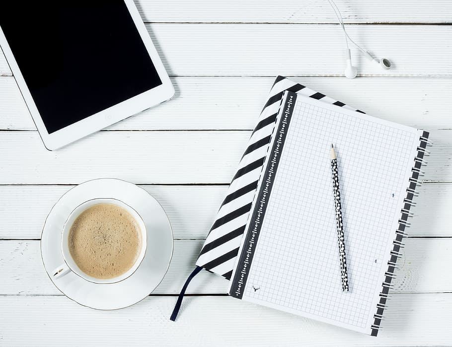 White Tablet Computer Beside White Notebook, coffee, cup, desk HD wallpaper