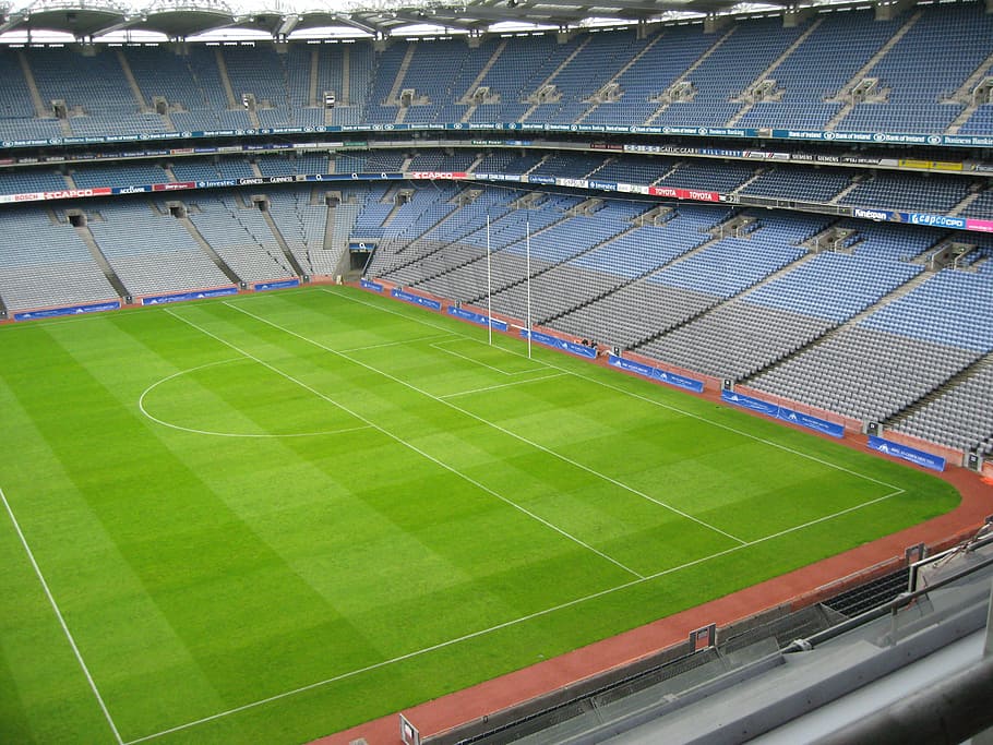 close-up of green soccer field, stadium, football, rugby, croke park