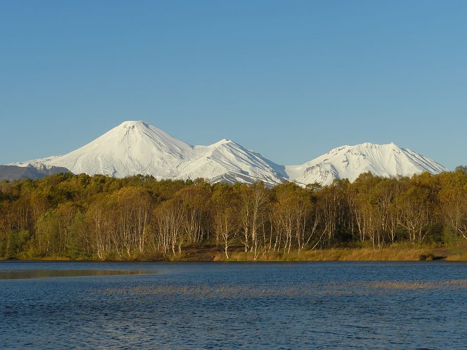 volcanoes, snowy mountains, vertices, lake, autumn, landscape, HD wallpaper