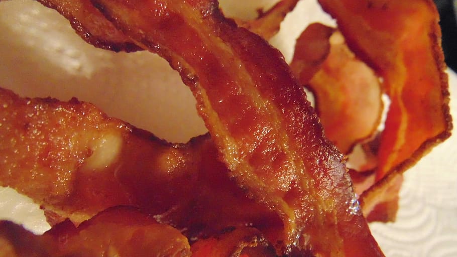 cooked bacon strips, Meat, Pork, Greasy, Delicious, food, ham, HD wallpaper