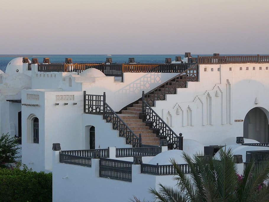 hughada, egypt, hotel complex, sunset, architecture, built structure HD wallpaper