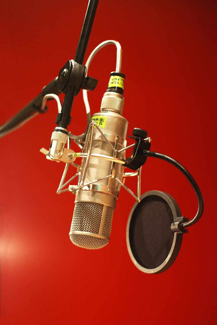 gold-colored and black condenser microphone, studio, music studio