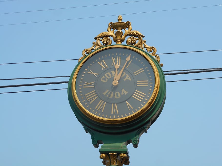 city clock, green clock, 1904, gold and green, low angle view, HD wallpaper