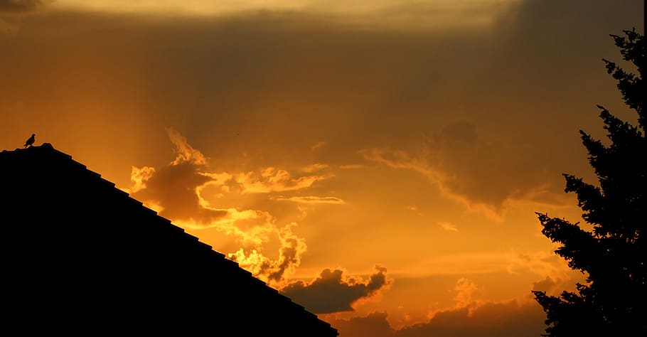 sunset, shadow, cloud, orange, roof, cloud - sky, beauty in nature HD wallpaper