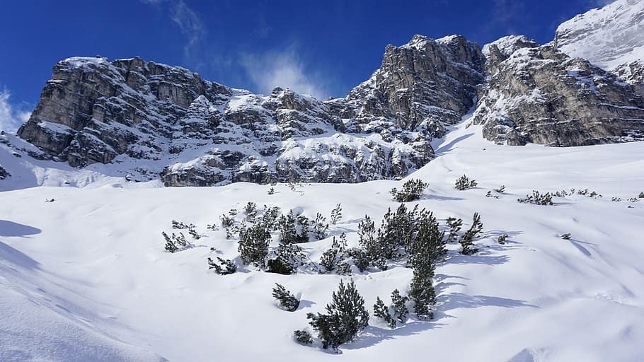 rocks, mountain, snow, trees, mountains, nature, landscape HD wallpaper