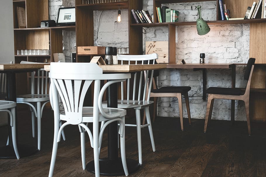 Hip bistro interior, restaurant, wood, table, chair, indoors HD wallpaper