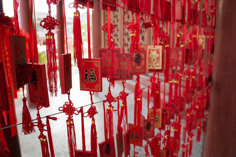 red hanging decors with tassels lot, symbol, zen, asia, china, HD wallpaper