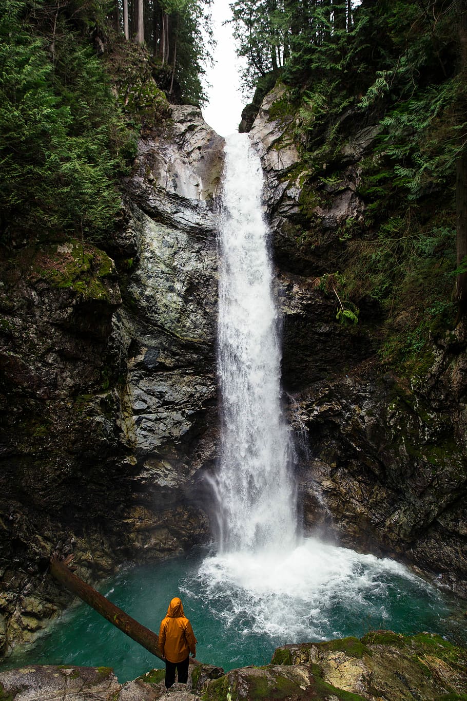 person standing near waterfall, person wearing orange hooded jacket standing in front of waterfall during daytime HD wallpaper