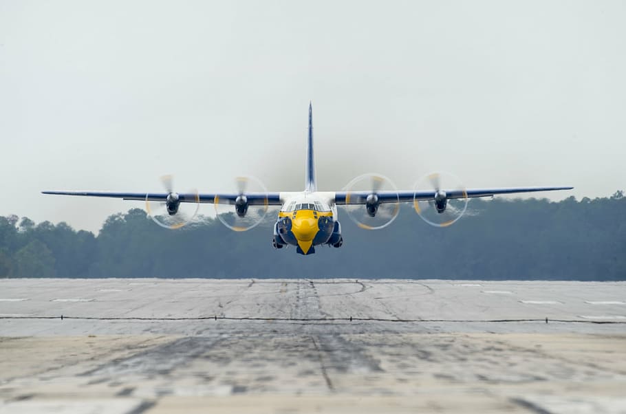 white, yellow, and blue airplane over gray pavement, fat albert, HD wallpaper