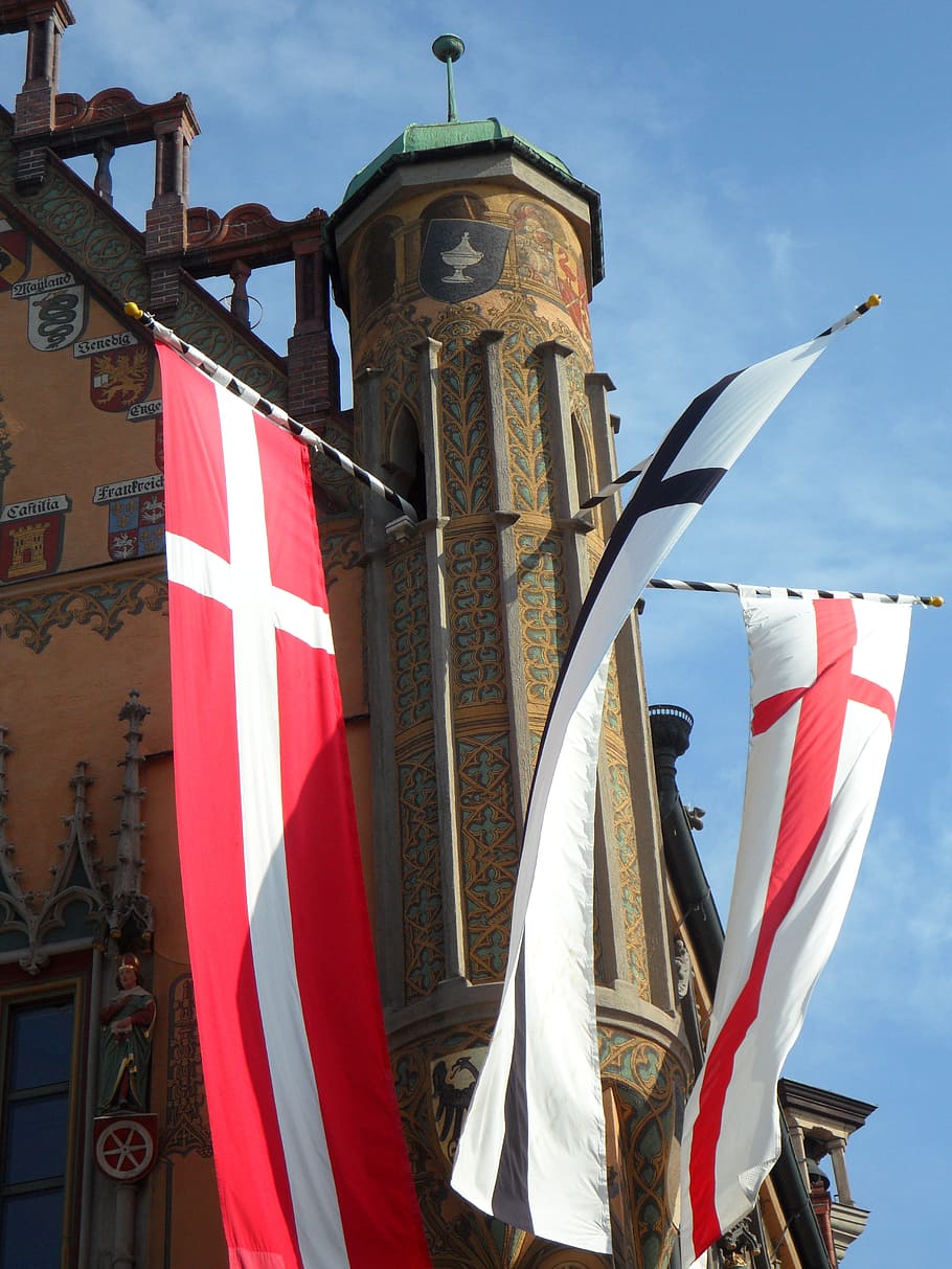 flags, colours, flutter, town hall, ulm, ulmer hall, decorated HD wallpaper
