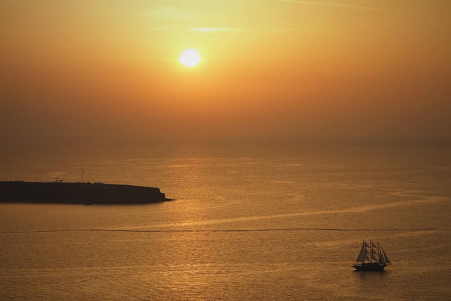black boat on body of water under orange sunset, sea, nature HD wallpaper