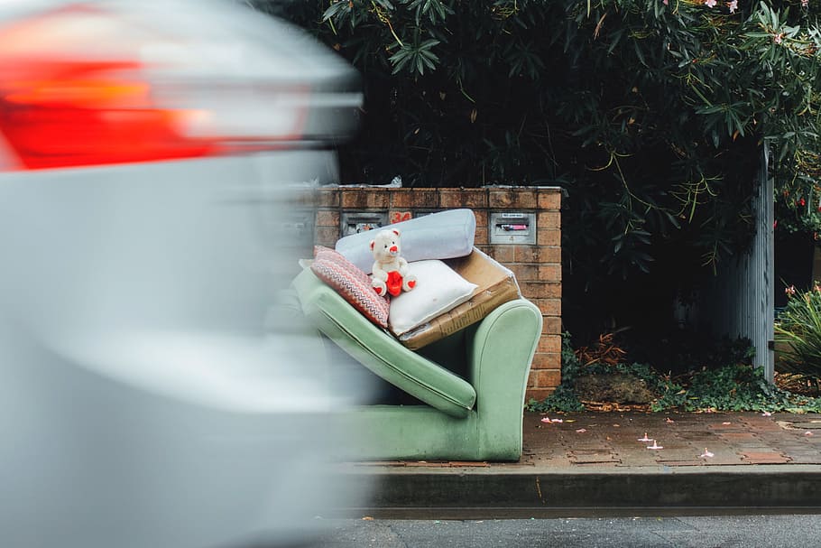 white bear plush on sofa chair beside road, white and red bear plush toy on teal sofa chair HD wallpaper