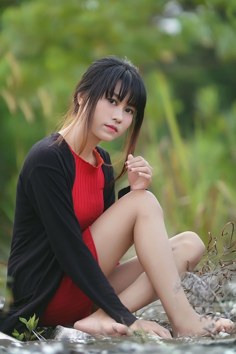 woman sitting on water wearing blac cardigan, women, girl, model