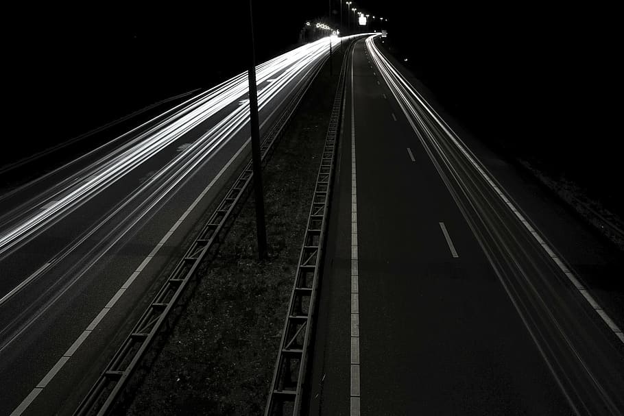 asphalt, blur, dark, evening, expressway, fast, highway, light streaks HD wallpaper