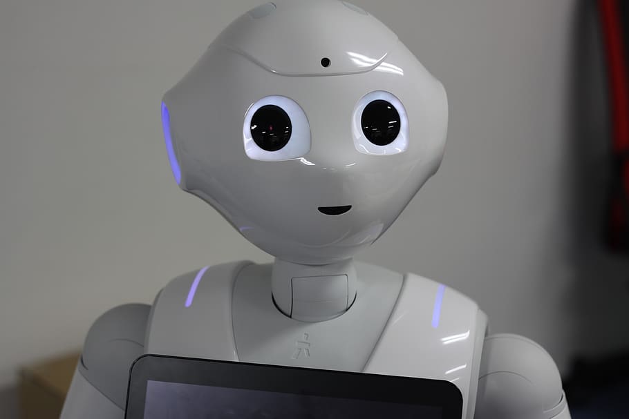robot, softbank, pepper, tablet, white, camera, human representation