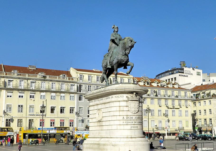 portugal, lisbon, statue, equestrian, place, king john, monument, HD wallpaper