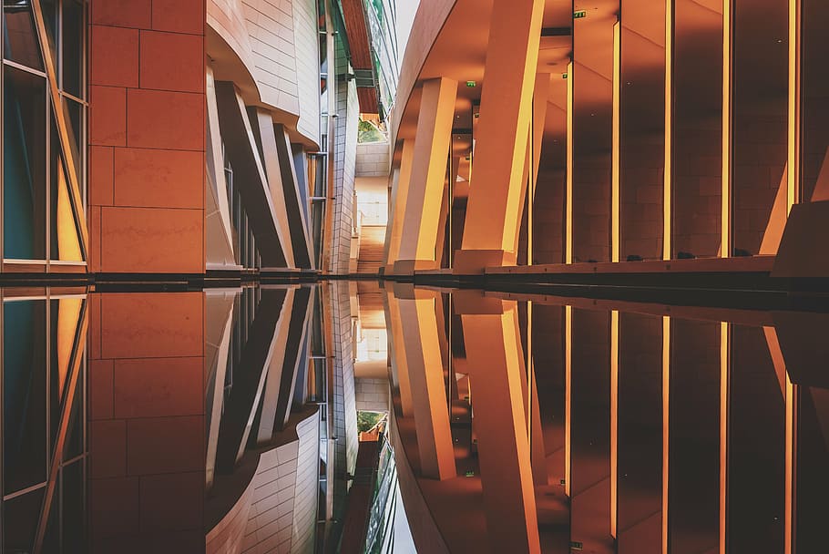 brown concrete post photo, glass, flooring, two, buildings HD wallpaper