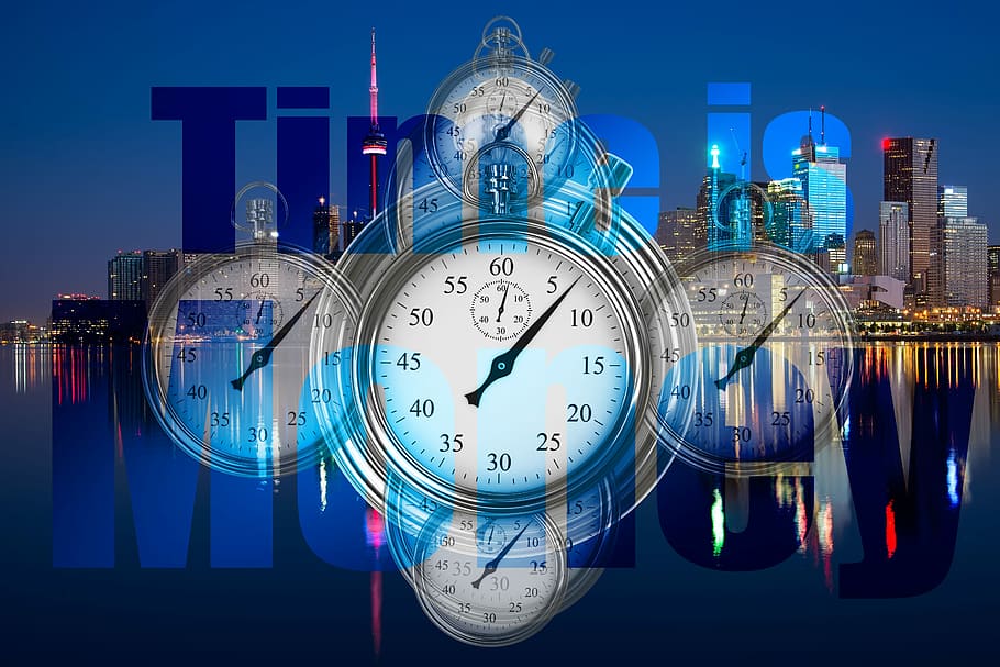 white analog clock with time is money text overlay, time management